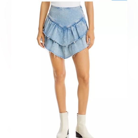 MOTHER THE RUFFLE MINI RAW EDGE DISTRESSED DENIM JEAN MINI COASTAL COWGIRL SKIRT - Picture 4 of 16